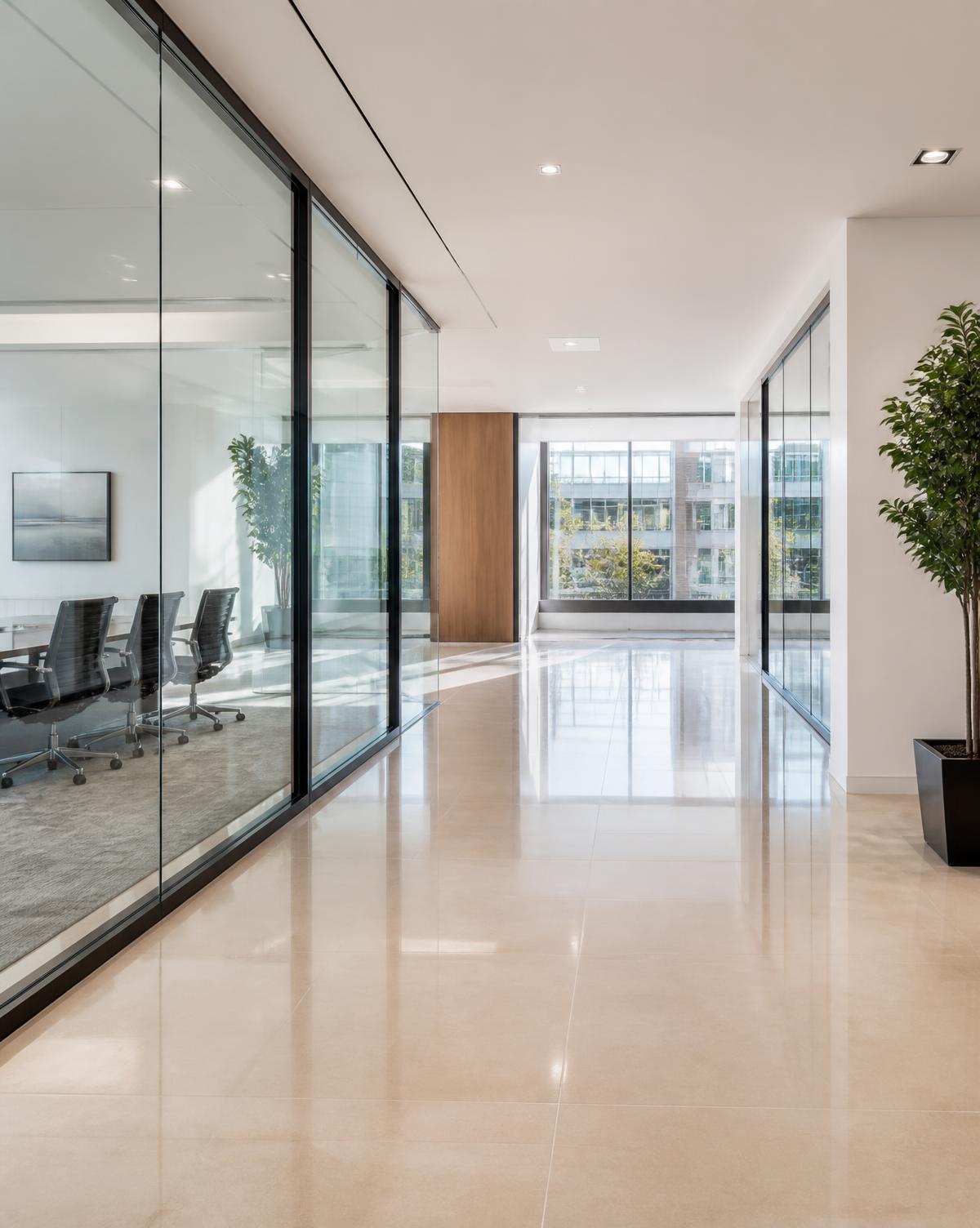 Office corridor with polished floors
